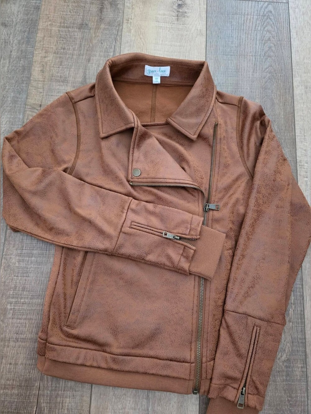 Grace and Lace Faux Suede Moto Jacket in Warm Brown
